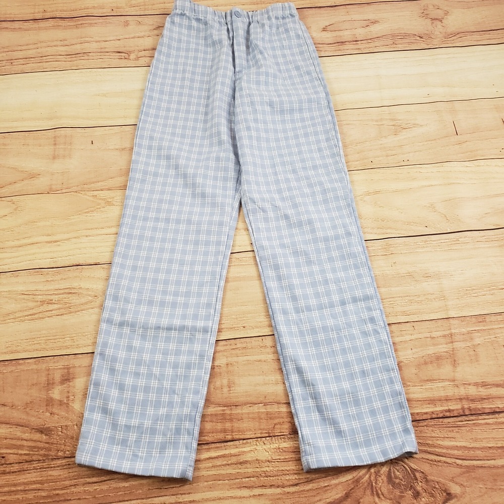 Brandy Melville Pants Women One Size Blue White Straight Plaid Trousers 24x29